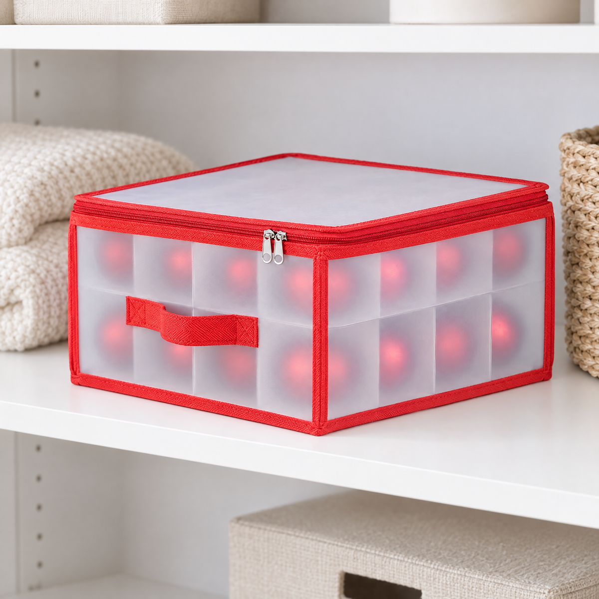 Closed ornament storage box stored on a closet shelf, with ornaments visible through its translucent sides