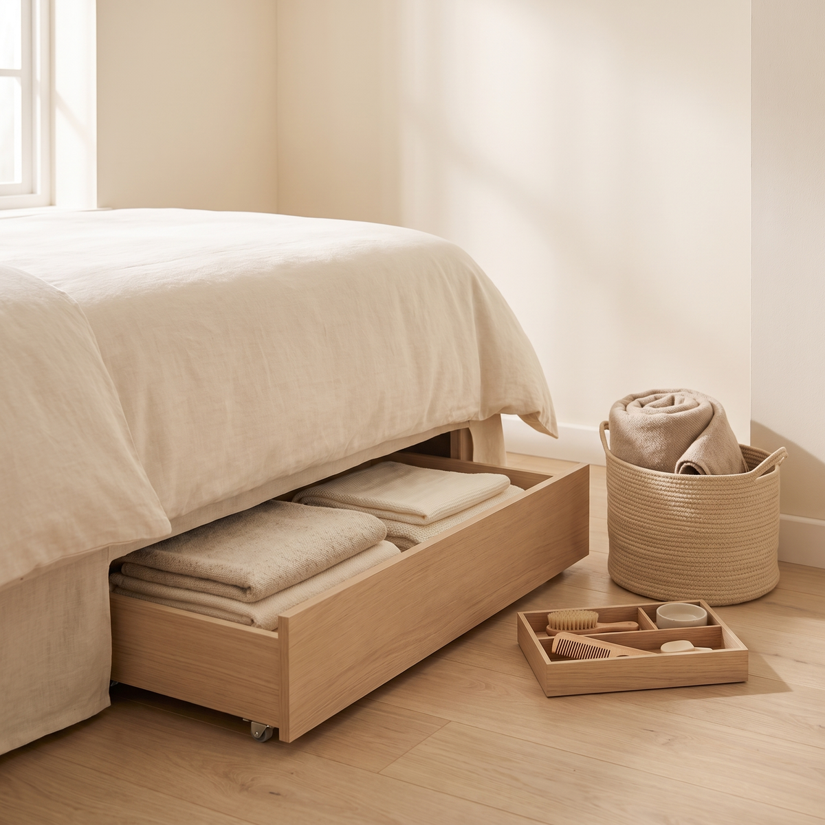 Home storage: under bed storage drawer, woven basket and drawer organizer in a calm neutral bedroom