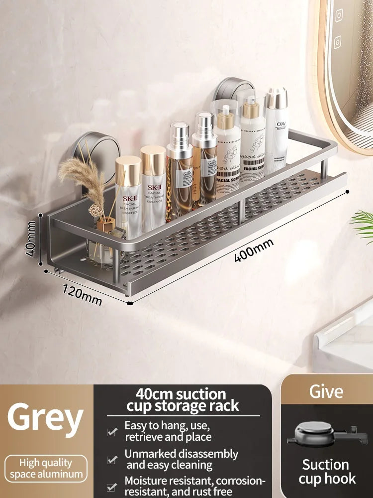 No-Drill Suction Cup Bathroom Shelf – Grey 40cm