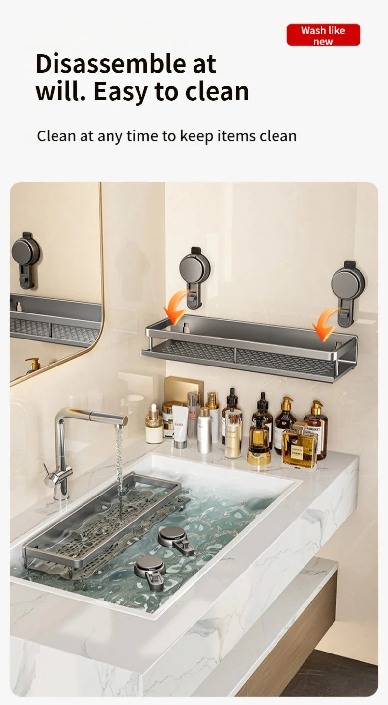 No-Drill Suction Cup Bathroom Shelf – Grey 40cm