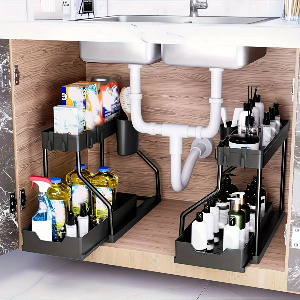 2-Tier Pull-Out Under Sink Organizer – Black