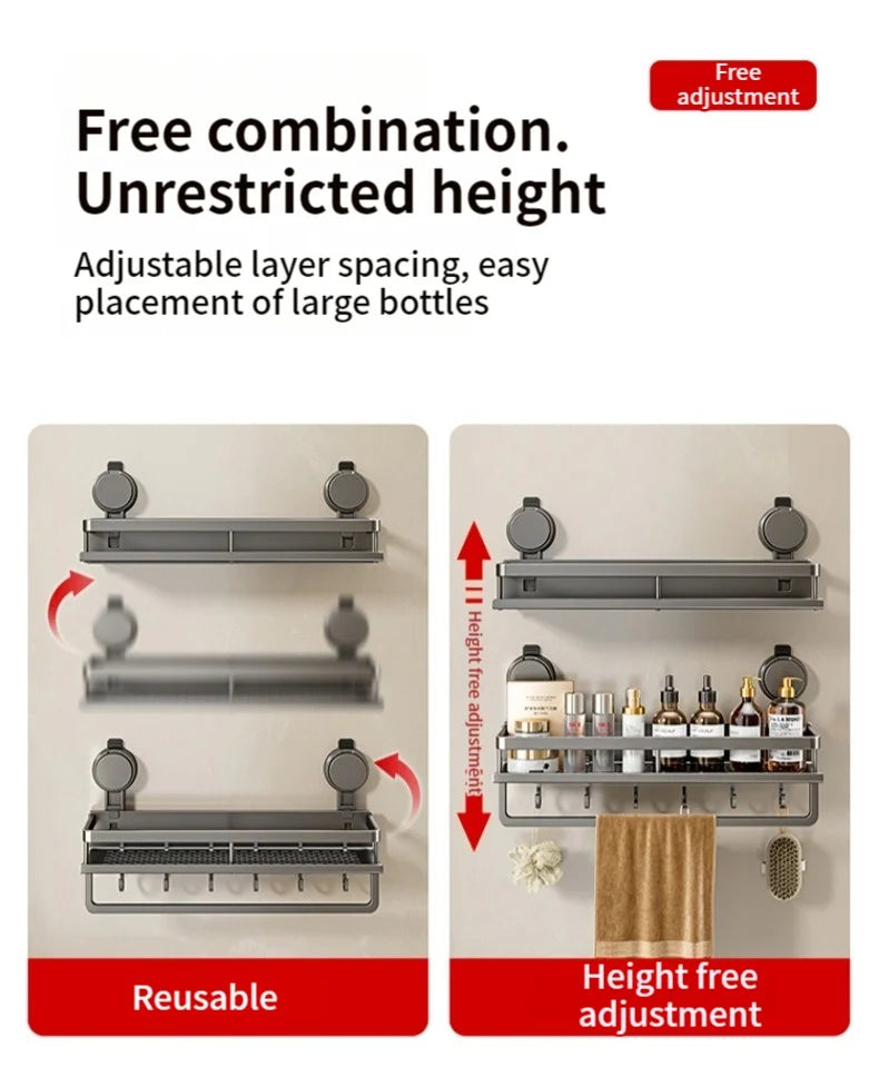 No-Drill Suction Cup Bathroom Shelf – Grey 40cm