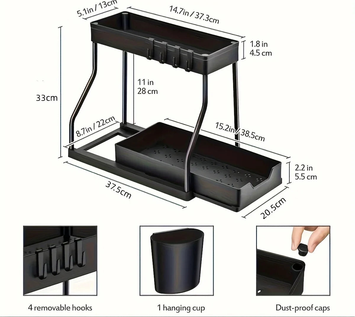 Dimensions of the two-tier pull-out under-sink organizer: 37.5cm wide, 20.5cm deep, 33cm tall, with 28cm clearance under the top shelf