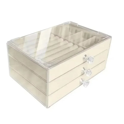 Clear 3-drawer jewelry organizer box, beige