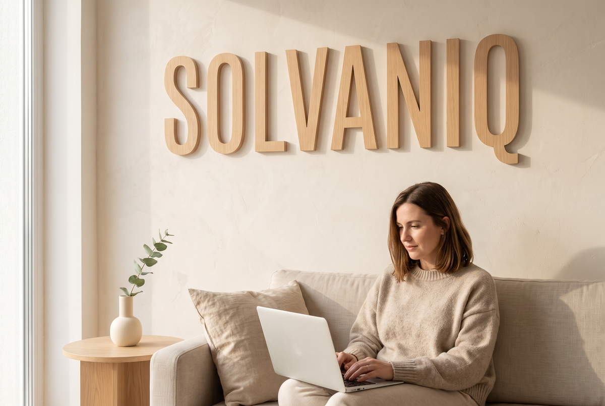 Solvaniq lettering in pale oak on a cream wall above a woman working on a laptop on a linen sofa