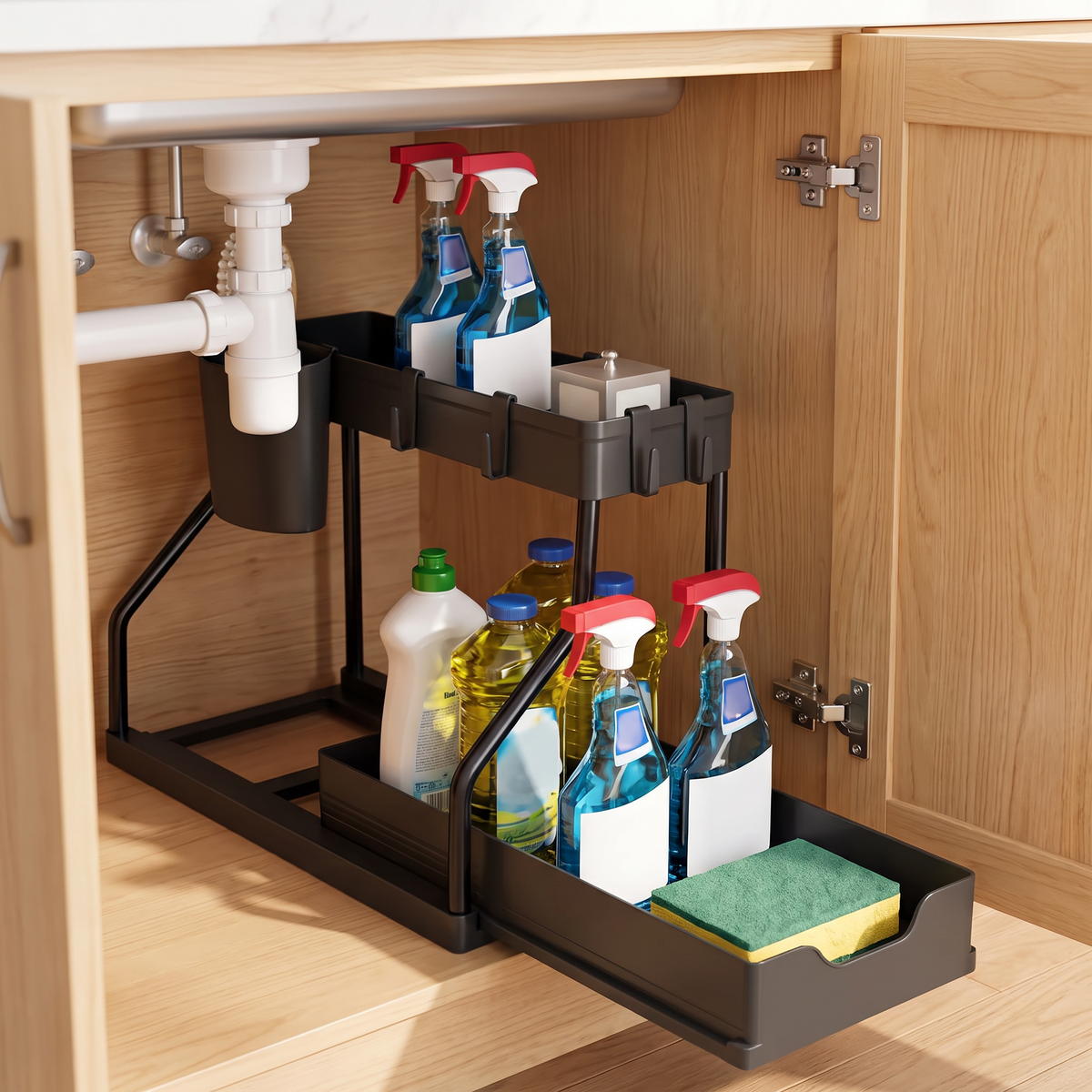 Black two-tier under-sink organizer holding cleaning bottles inside a kitchen cabinet