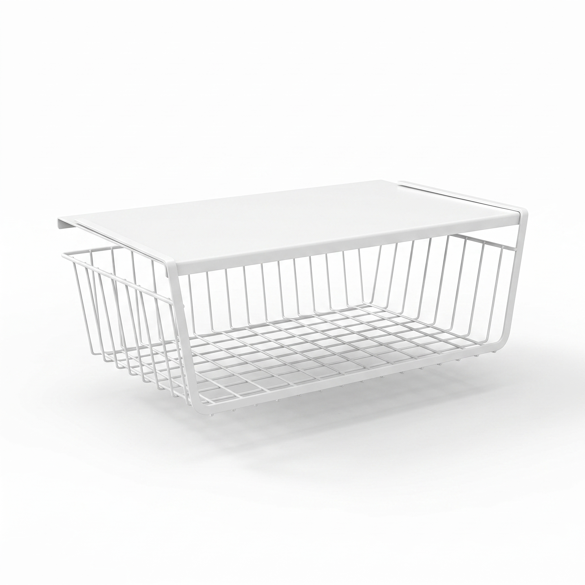 White under-shelf hanging wire storage basket on a white background