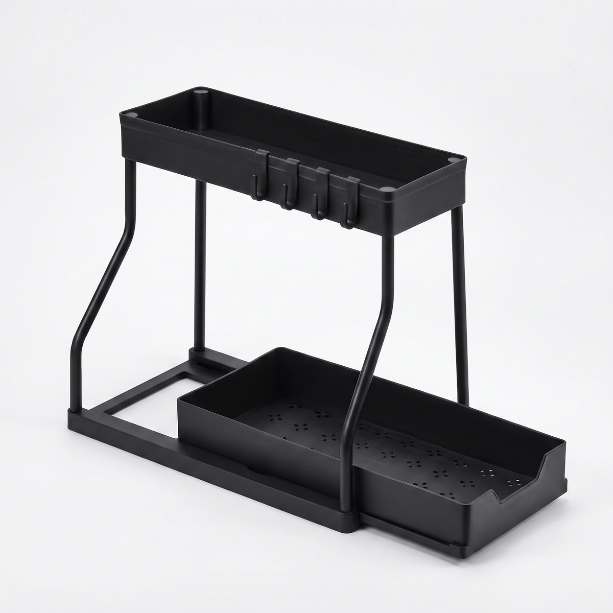Black two-tier pull-out under-sink organizer on a white background