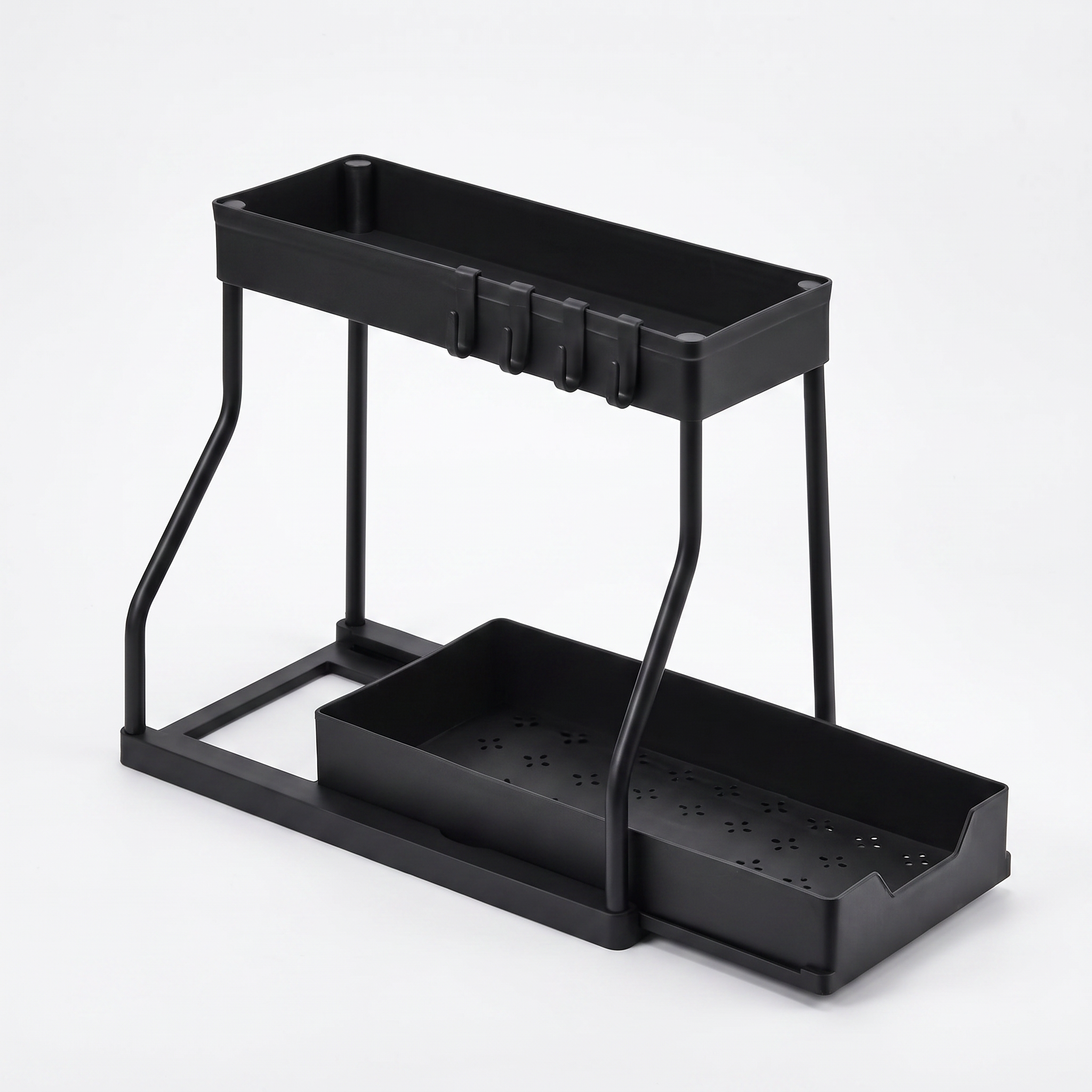 Black two-tier pull-out under-sink organizer on a white background