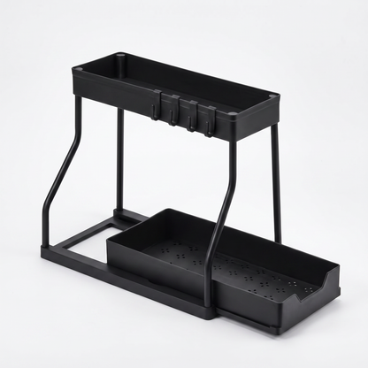 Black two-tier pull-out under-sink organizer on a white background