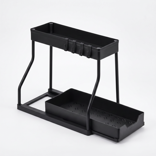 Black two-tier pull-out under-sink organizer on a white background