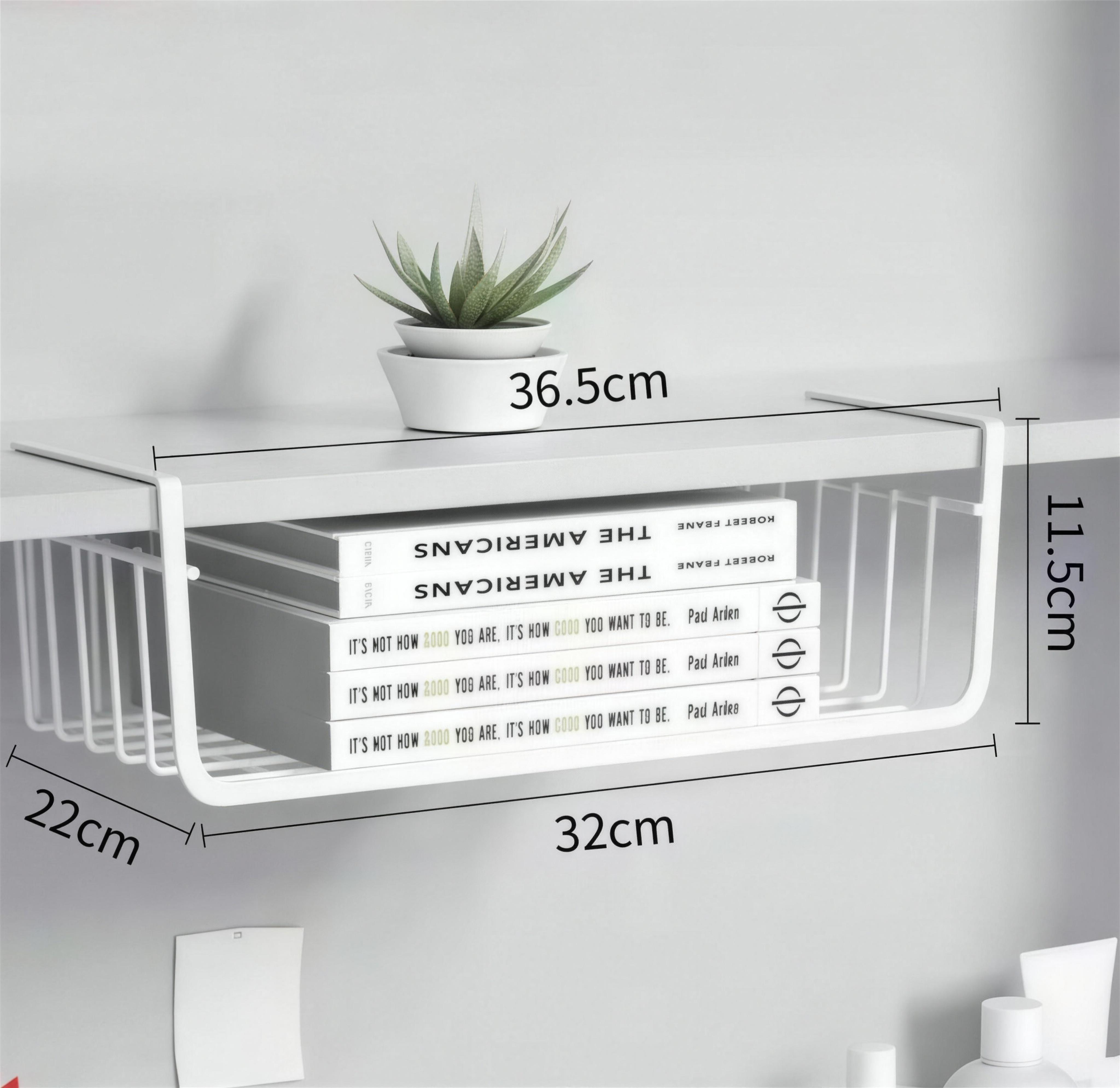 Dimensions of the under-shelf hanging storage basket: 36.5cm long, 22cm deep, 11.5cm tall, 32cm inner width