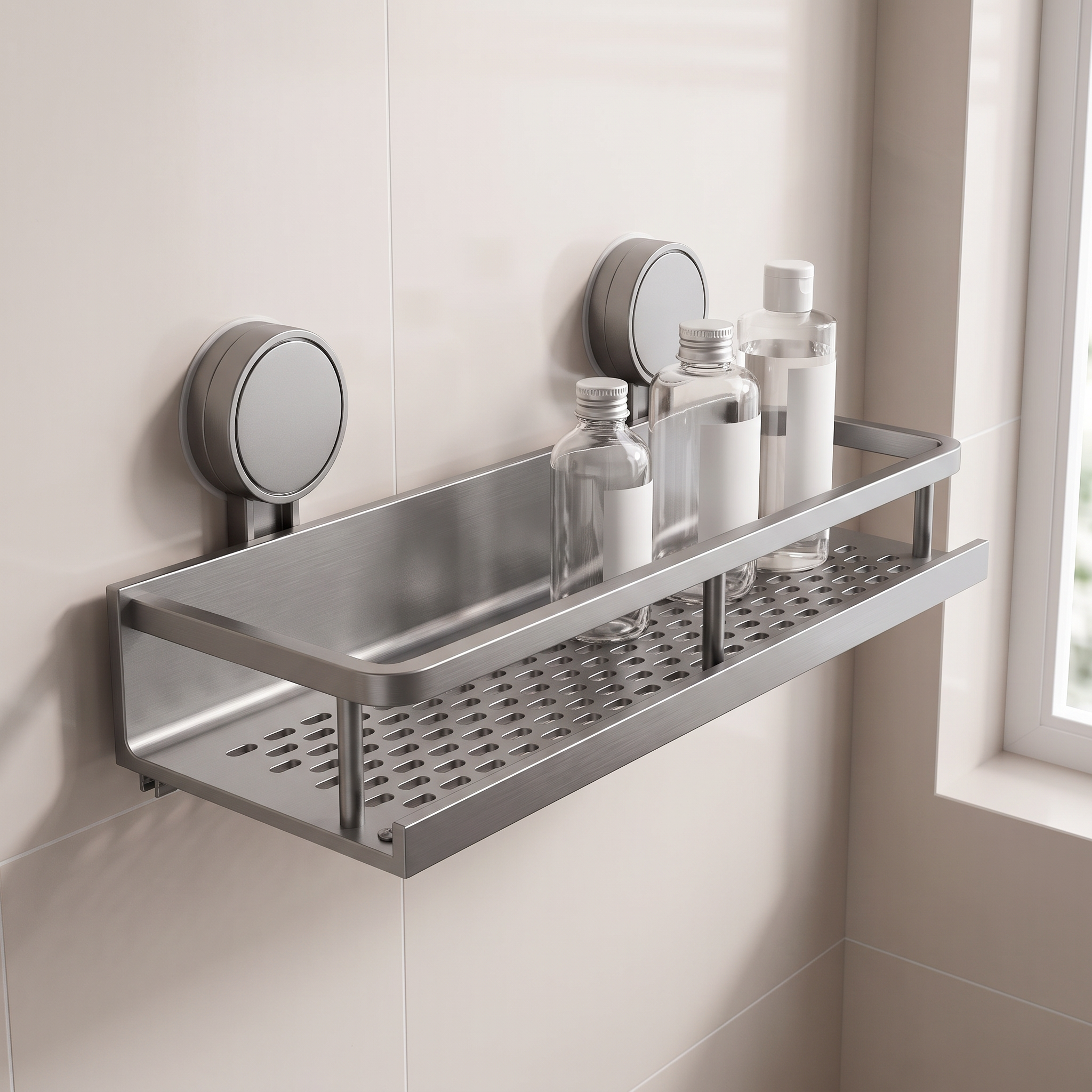 Grey suction cup bathroom shelf mounted on a tiled wall holding toiletry bottles