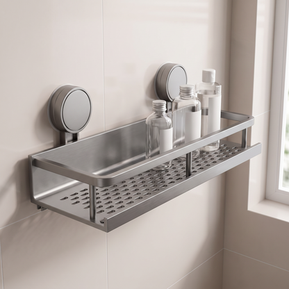 Gray suction cup bathroom shelf mounted on a tiled wall holding toiletry bottles