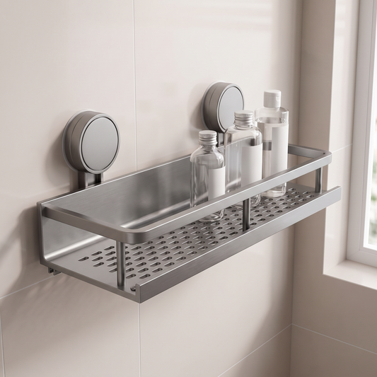 Gray suction cup bathroom shelf mounted on a tiled wall holding toiletry bottles