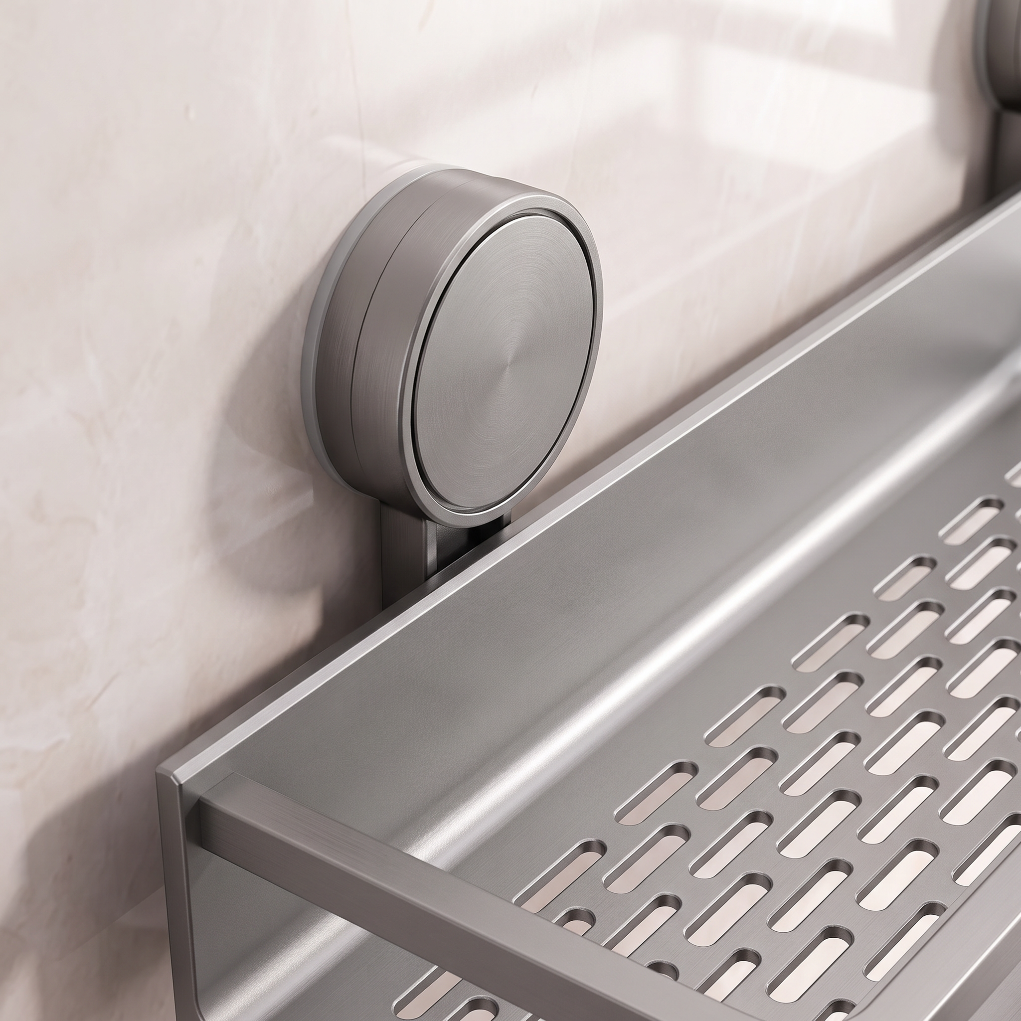 Close-up of the round suction cup mount and slotted base on the grey bathroom shelf