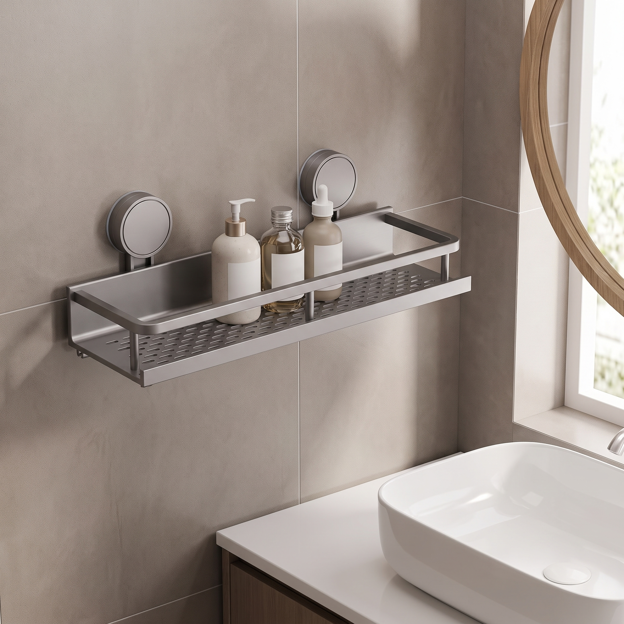 Grey suction cup bathroom shelf mounted above a bathroom vanity