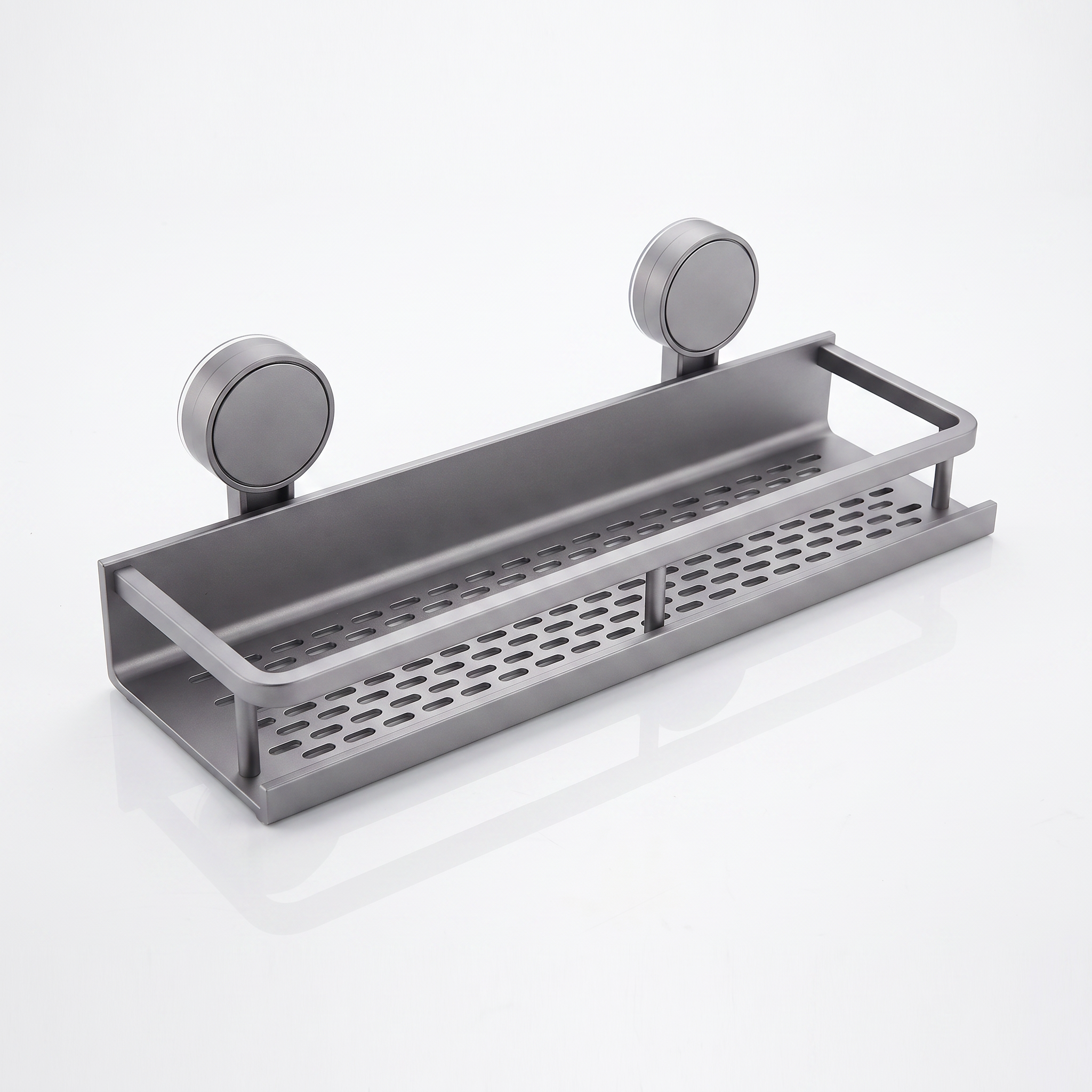 Grey aluminium suction cup bathroom shelf, 40cm wide, on a white background