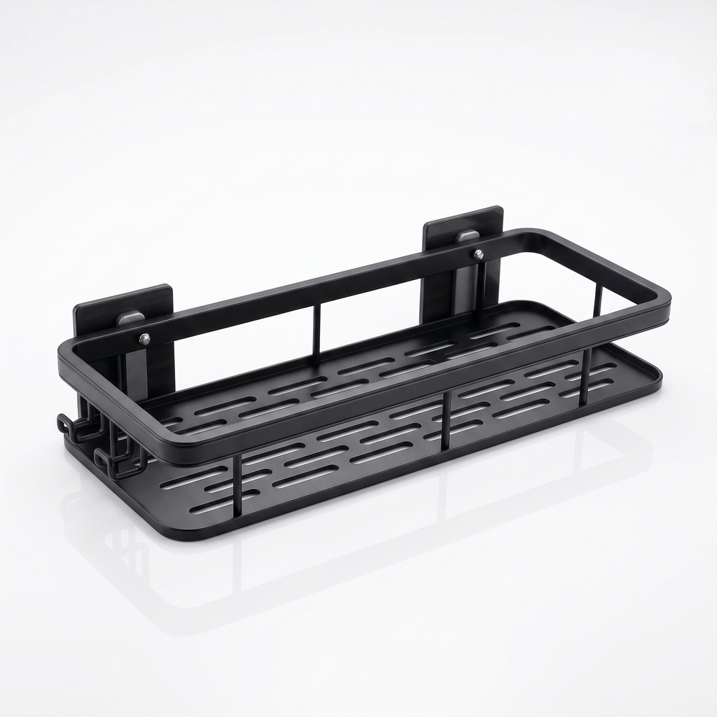 Black wall-mounted bathroom shelf with slotted base and hook bar on a white background