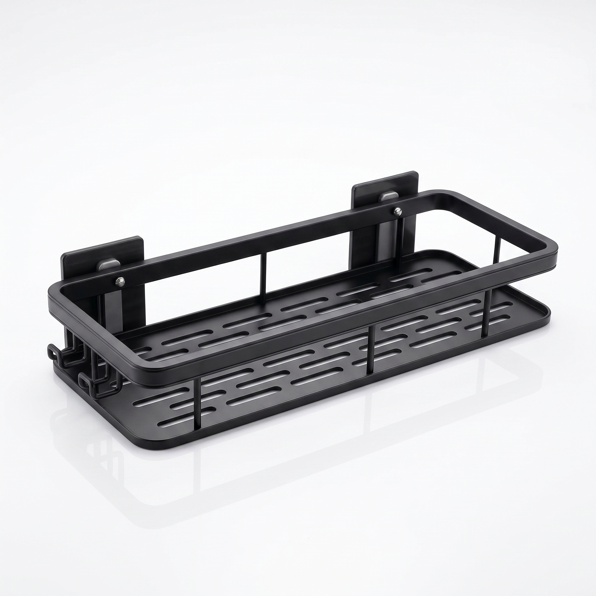 Black wall-mounted bathroom shelf with slotted base and hook bar on a white background