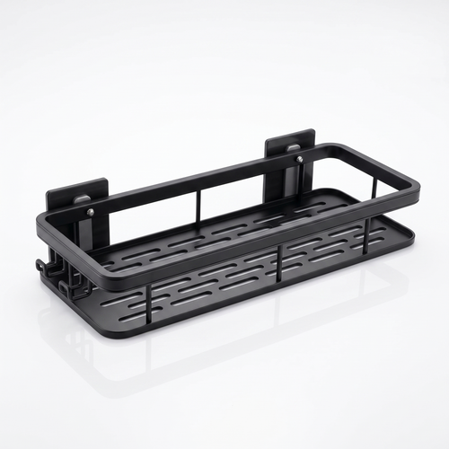Black wall-mounted bathroom shelf with slotted base and hook bar on a white background