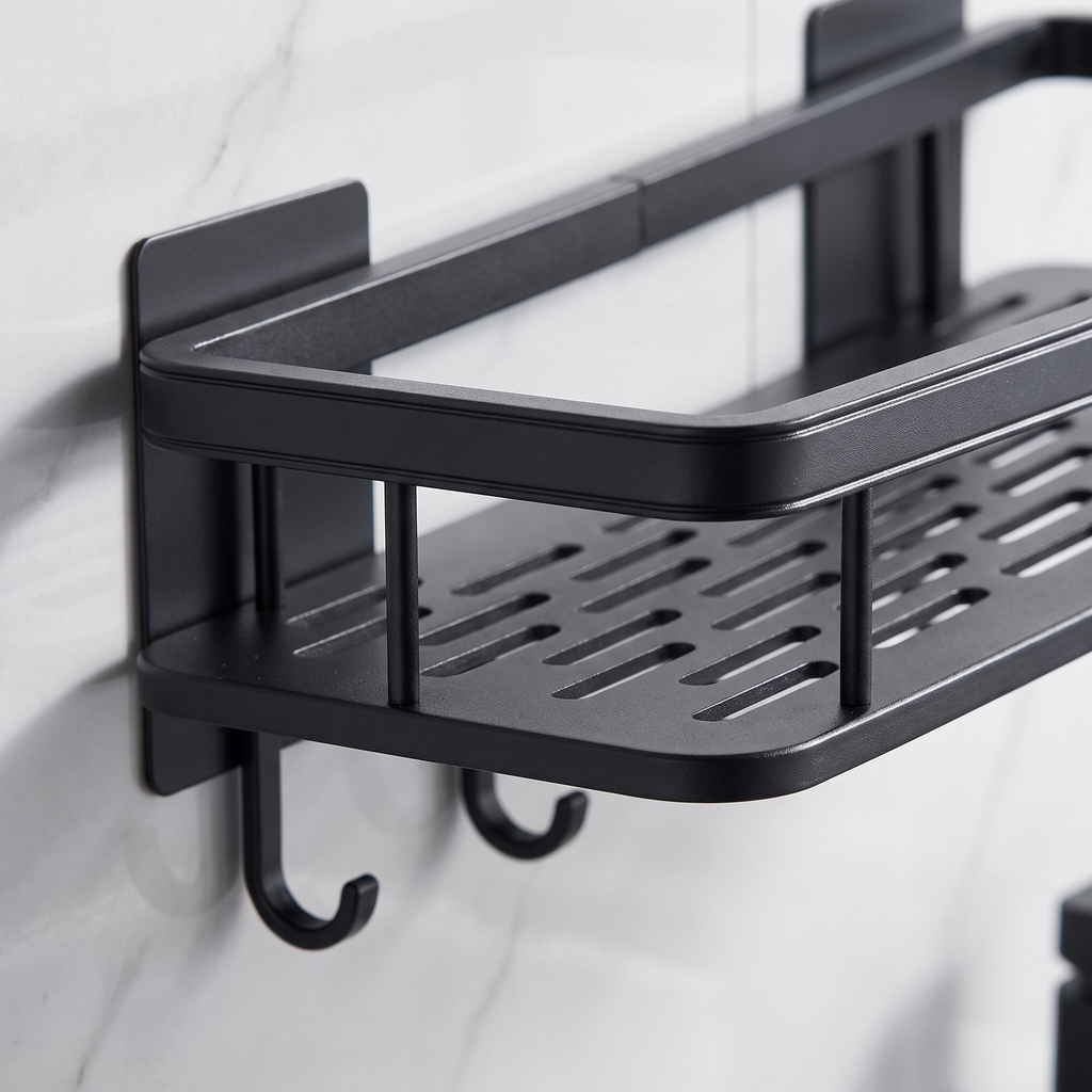 Close-up of the adhesive mounting plate and the removable side hooks on the black bathroom shelf