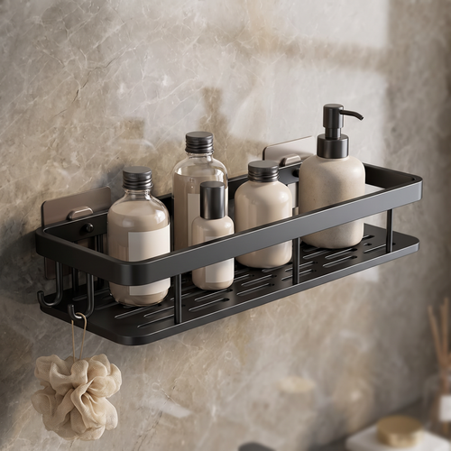 Black adhesive wall-mounted bathroom shelf holding toiletry bottles with a loofah hanging from the side hooks