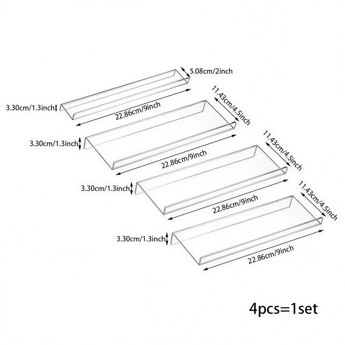 Dimensions of the four-tier spice organizer trays in centimetres and inches, four pieces per set