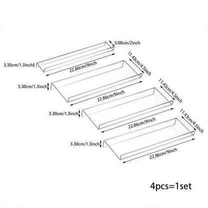 Dimensions of the four-tier spice organizer trays in centimetres and inches, four pieces per set