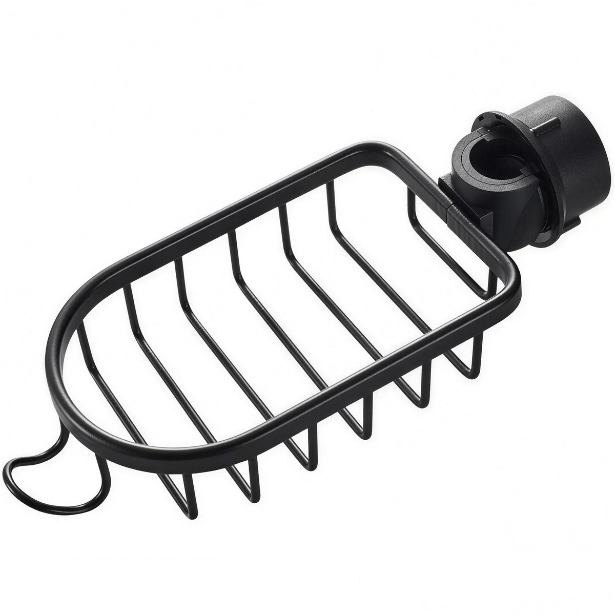 Black wire faucet-mounted sink caddy on a white background, showing the clamp collar at one end and the small hook at the other