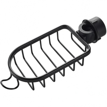 Black wire faucet-mounted sink caddy on a white background, showing the clamp collar at one end and the small hook at the other