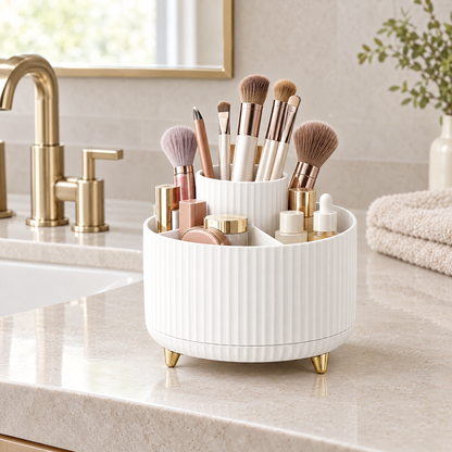 White rotating makeup organizer on a bathroom vanity holding makeup brushes, lipsticks and skincare bottles beside the sink