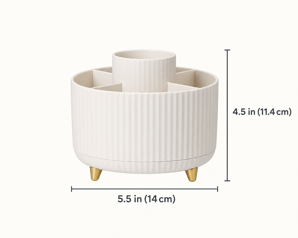 Dimensions of the rotating makeup organizer: 5.5 in (14 cm) wide and 4.5 in (11.4 cm) tall