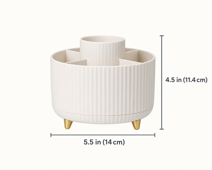Dimensions of the rotating makeup organizer: 5.5 in (14 cm) wide and 4.5 in (11.4 cm) tall