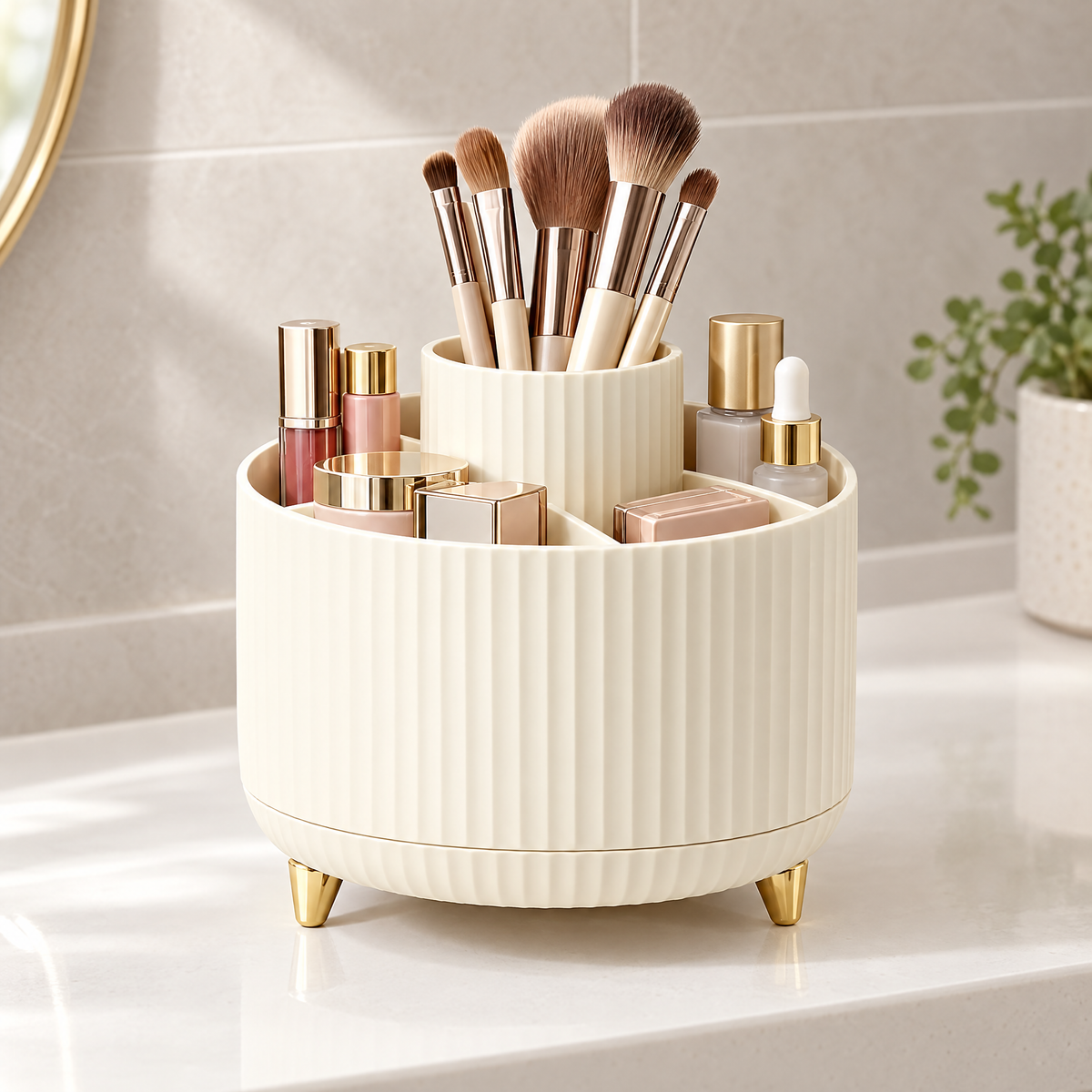 Ivory rotating makeup organizer on a white bathroom vanity holding makeup brushes, lipsticks and skincare bottles