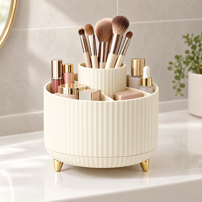 Ivory rotating makeup organizer on a white bathroom vanity holding makeup brushes, lipsticks and skincare bottles