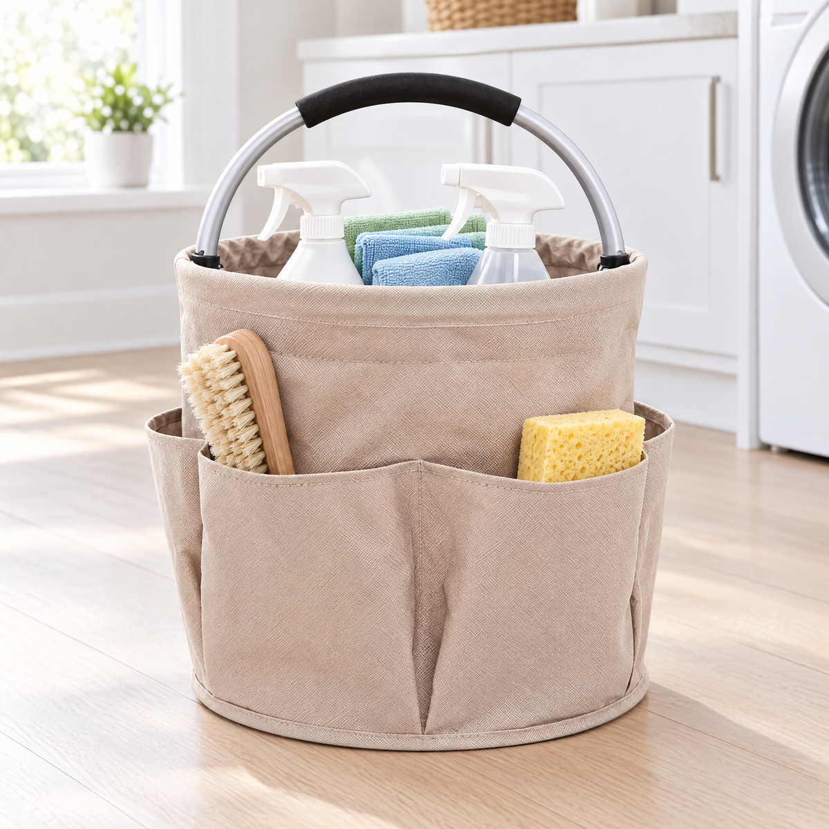 Beige foldable cleaning caddy on a laundry room floor holding spray bottles and cloths, with a brush and sponge in its outer pockets