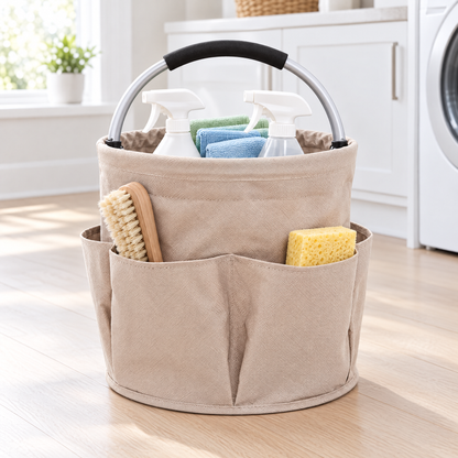 Beige foldable cleaning caddy on a laundry room floor holding spray bottles and cloths, with a brush and sponge in its outer pockets