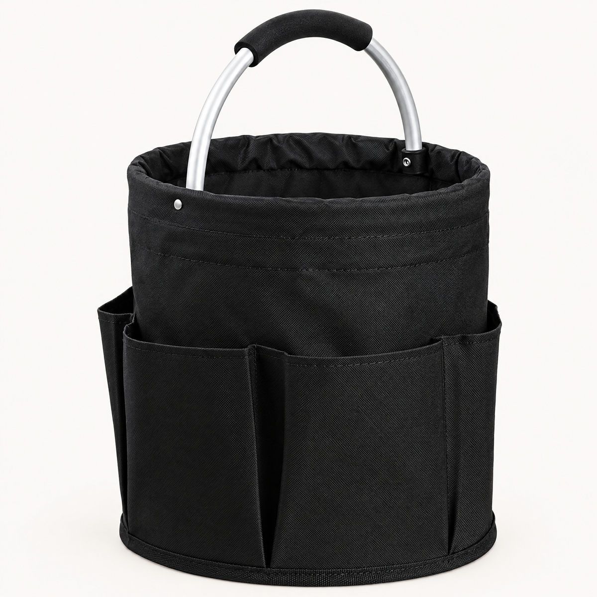 Empty black round fabric cleaning caddy with exterior pockets and an arched aluminum handle on a light background