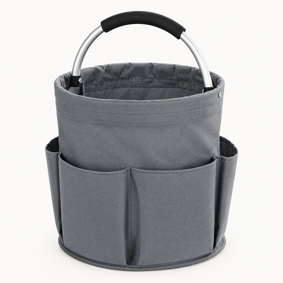 Empty grey round fabric cleaning caddy with exterior pockets and an arched aluminum handle on a light background