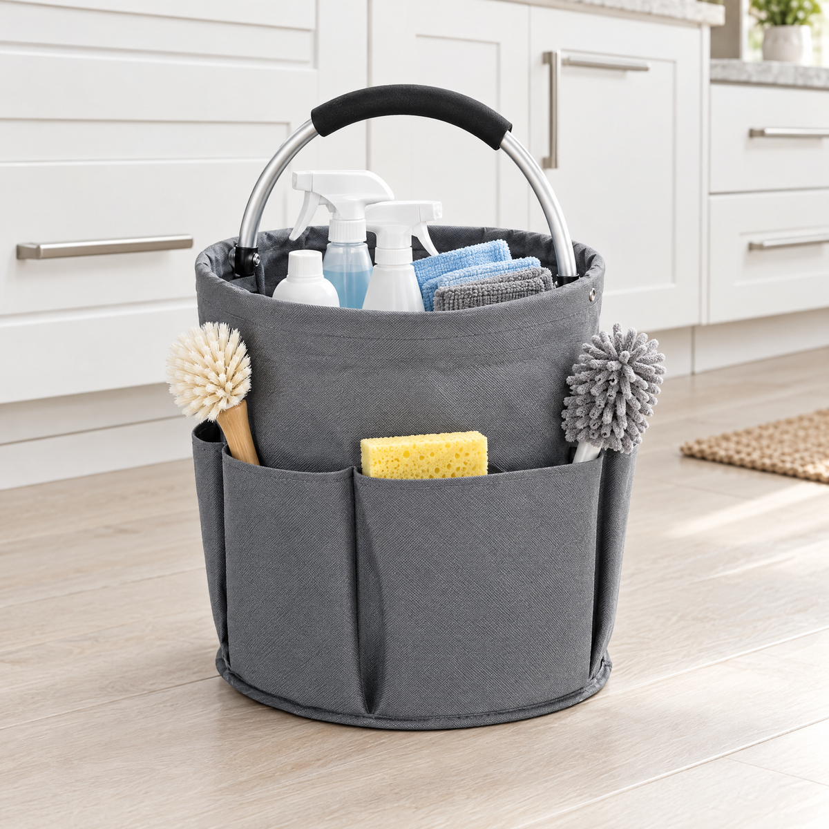 Grey foldable cleaning caddy on a kitchen floor in front of white cabinets, holding spray bottles, cloths, a brush and a sponge