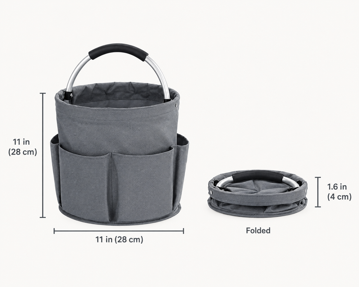 Dimensions of the cleaning caddy: 11 in (28 cm) wide and 11 in (28 cm) tall, folding to 1.6 in (4 cm) high