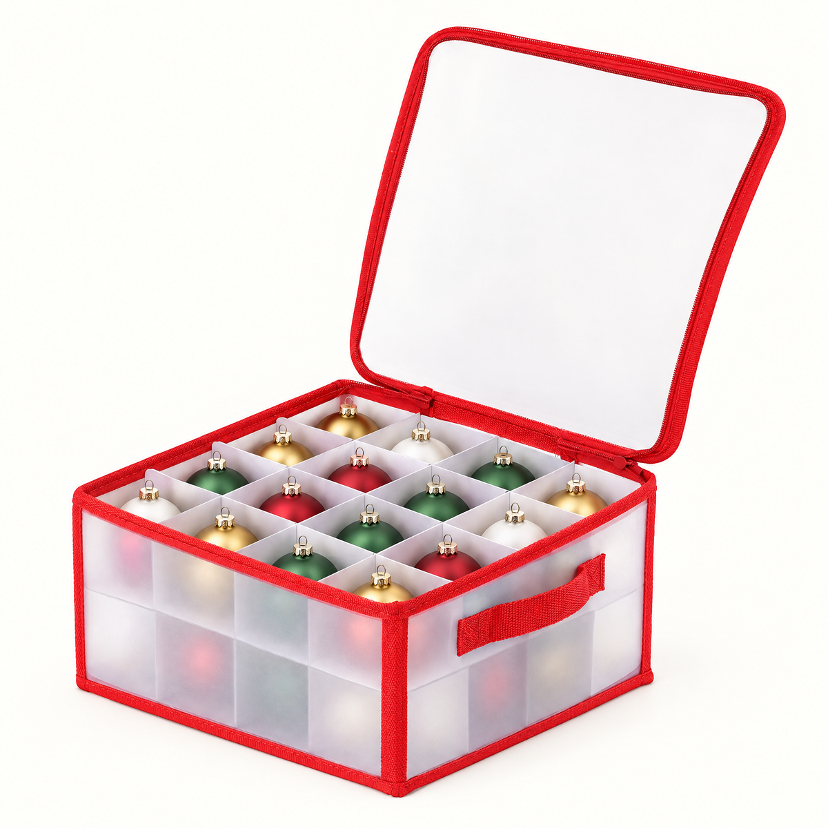 Ornament storage box with the lid open, showing a top layer of 16 divided compartments holding baubles