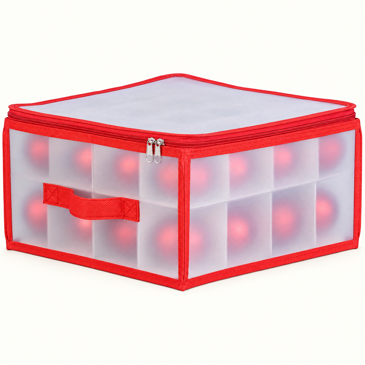Closed ornament storage box with translucent sides, red trim, a zip-around lid and a red front carry handle on a light background