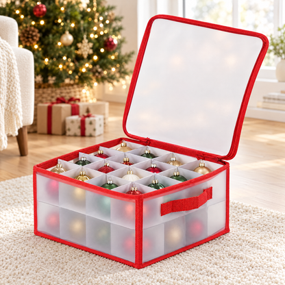 Open Christmas ornament storage box with red trim on a living room rug, holding baubles in divided compartments near a decorated tree