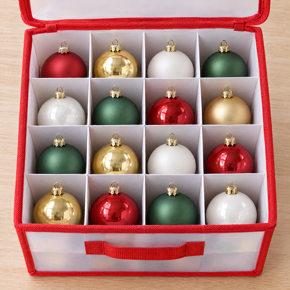 Top view of the cardboard dividers forming a four by four grid, with one bauble in each compartment