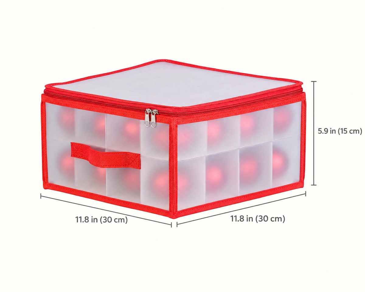 Dimensions of the ornament storage box: 11.8 in (30 cm) wide, 11.8 in (30 cm) deep and 5.9 in (15 cm) tall