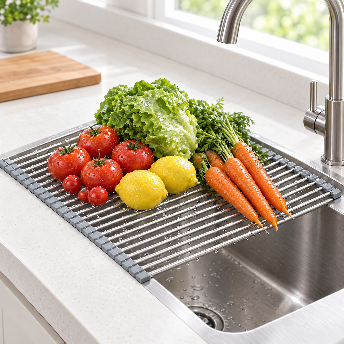 Rinsed tomatoes, lettuce, lemons and carrots draining on the roll-up rack over a kitchen sink