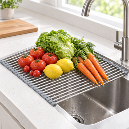 Rinsed tomatoes, lettuce, lemons and carrots draining on the roll-up rack over a kitchen sink