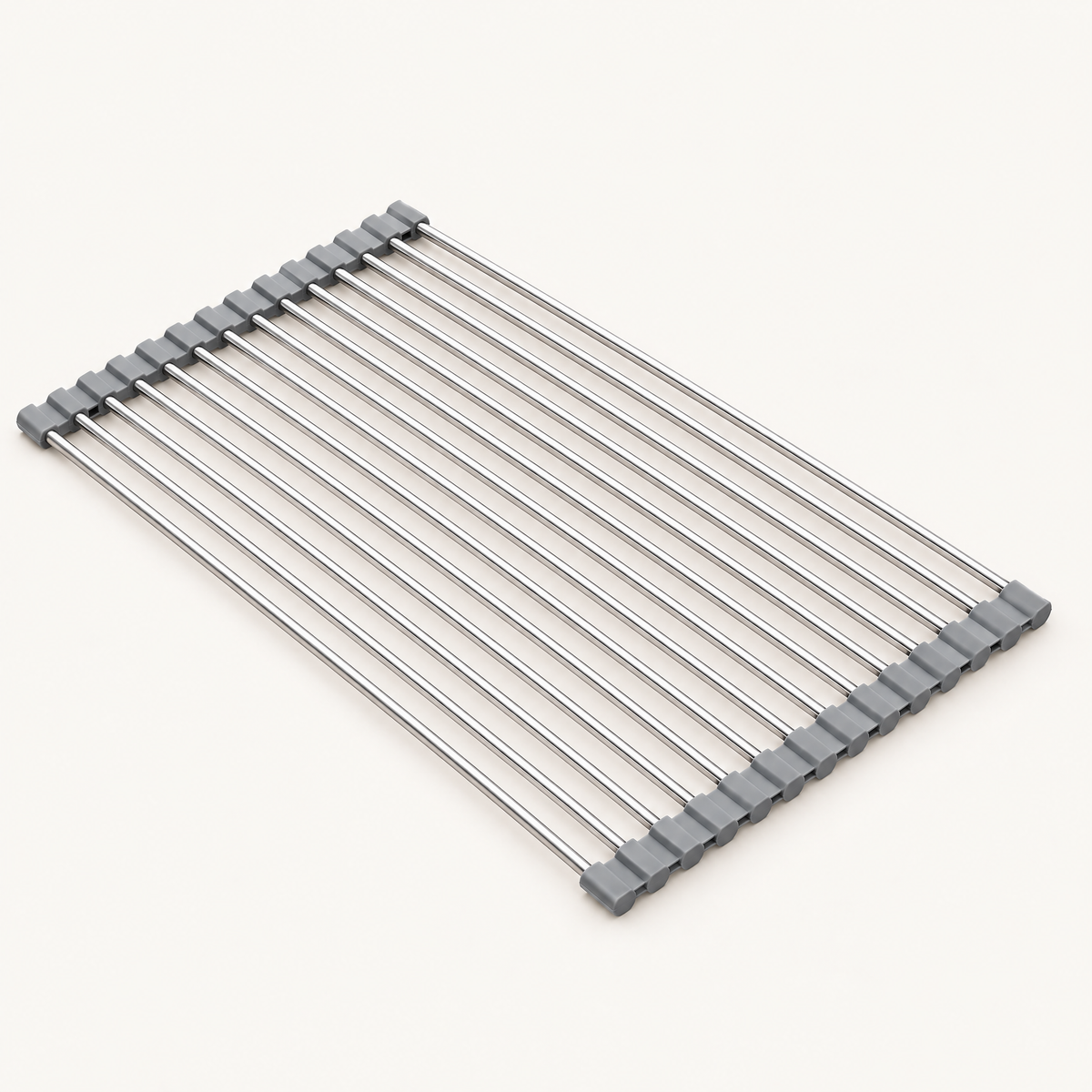 Roll-up dish drying rack unrolled flat, showing parallel stainless-steel rods joined by grey end pieces, on a light background